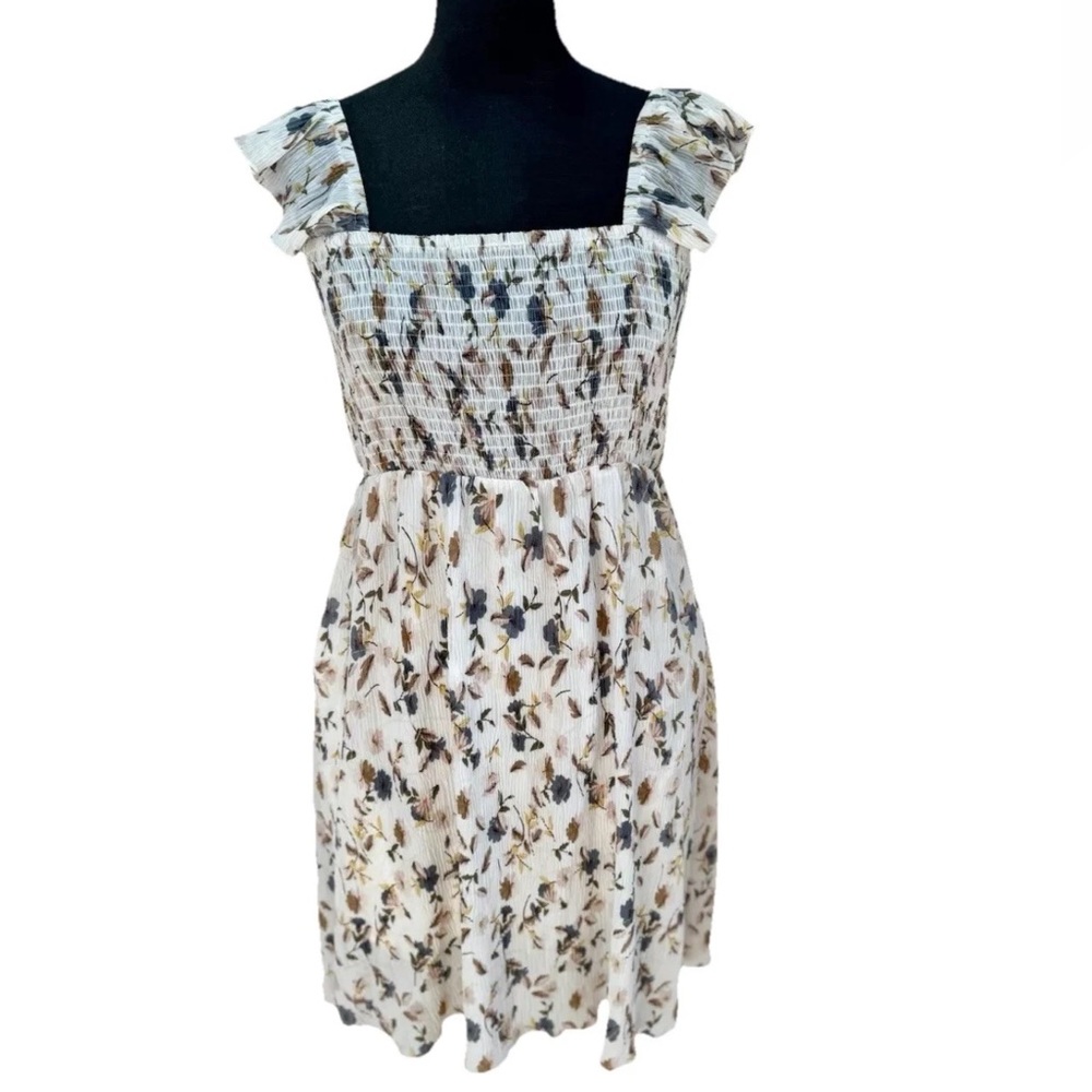 Ellison ladies LG lined flutter sleeve crepe sundress ivory floral print smocked